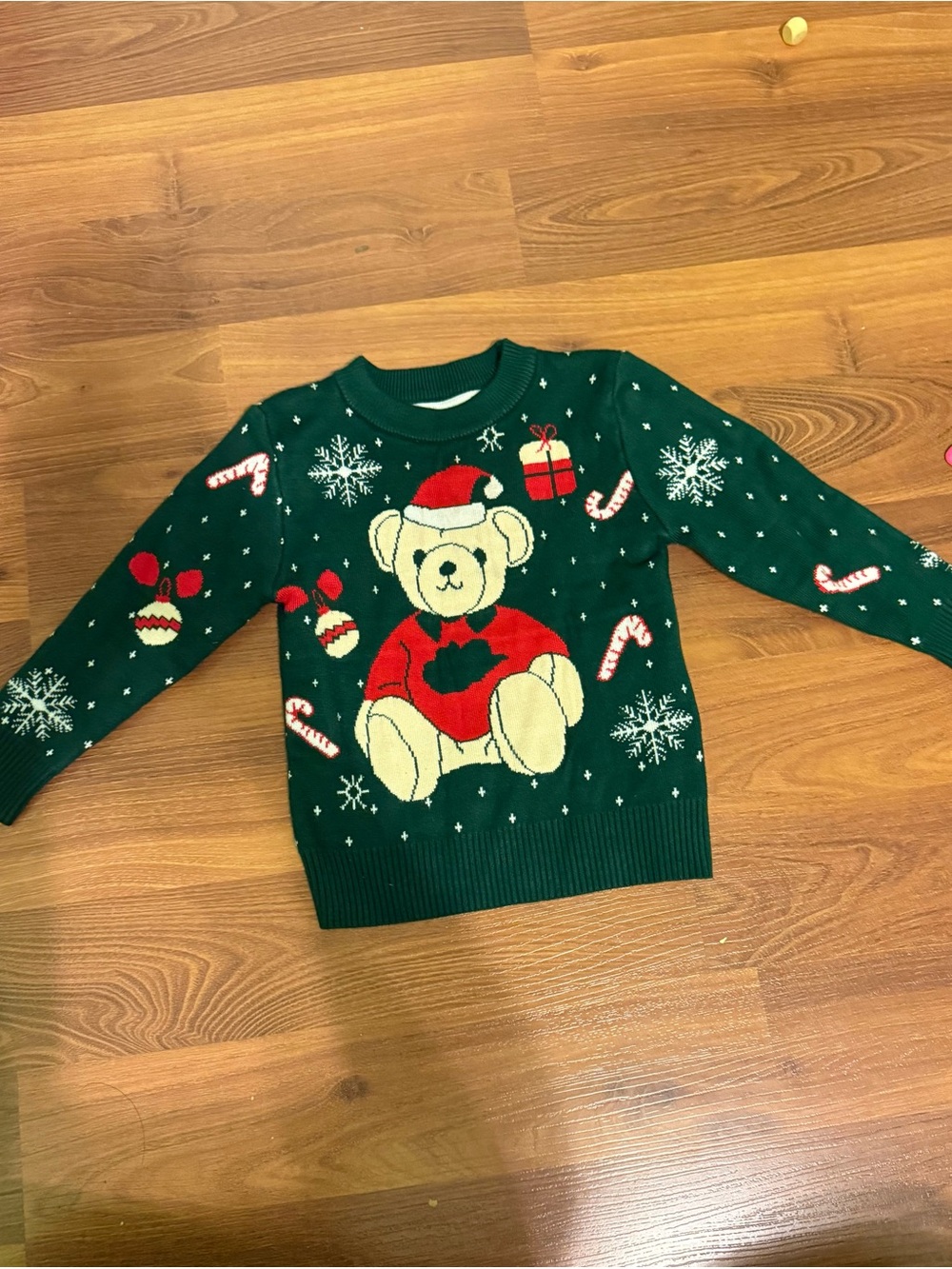 Kids Green Teddy Bear Christmas Sweater